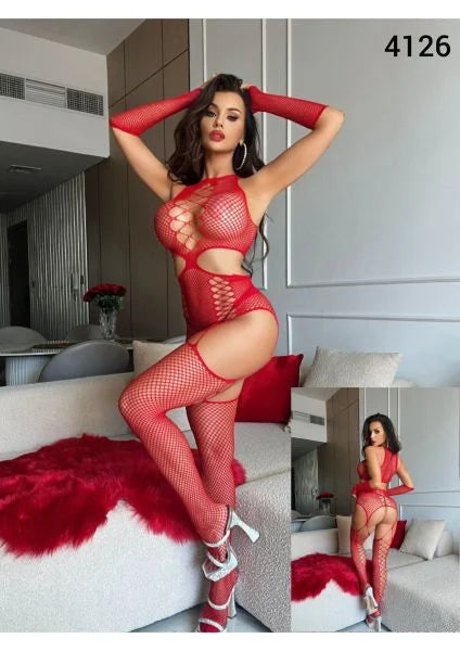 Rotes Fishnet-Bodysuit mit Handschuhen & Strümpfen – Pure Verführung - MADAME GONGO